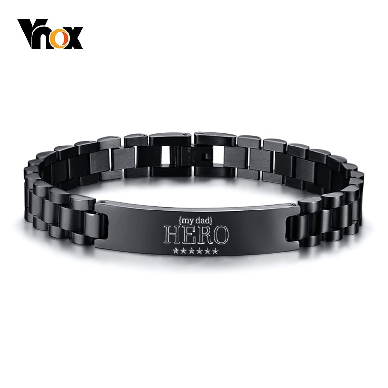 Vnox My Dad HERO Bracelets Personalized Quotes Men Bracelet Qualified Stainless Steel ID Bangle Father's Day Gift 19.5cm/21cm