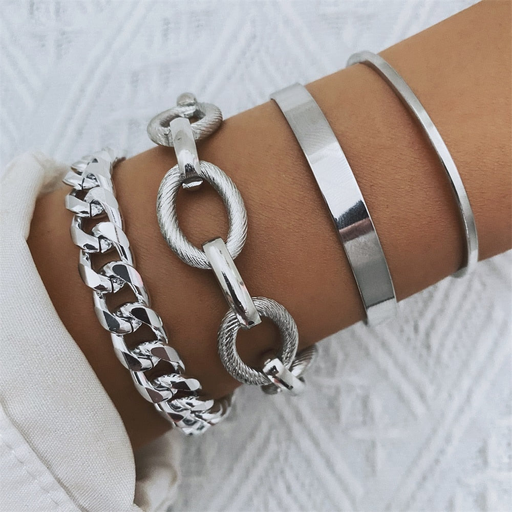 4Pcs Punk Heavy Metal Big Thick Chain Bracelet Set Women Retro Geometric Metal Twist Chain Bangles Bracelet Fashion Jewelry