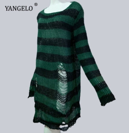 Punk Gothic Long Women Striped Cool Hollow Out Hole Broken Jumper Loose Rock Thin Dark Streetwear Top