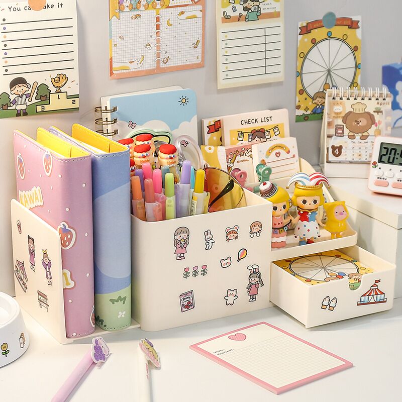 MINKYS Kawaii ABS Multifunctional Desk Organizer Pen Holder Books Stand Holder Bookends Desktop Storage Box School Stationery