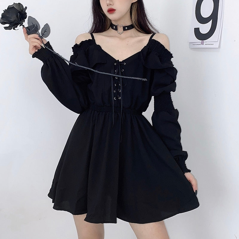 Women Dress -Lace Up Black Autumn Sexy High Waist Femme Dresses Off Shoulder Long Sleeve Gothic Clothes