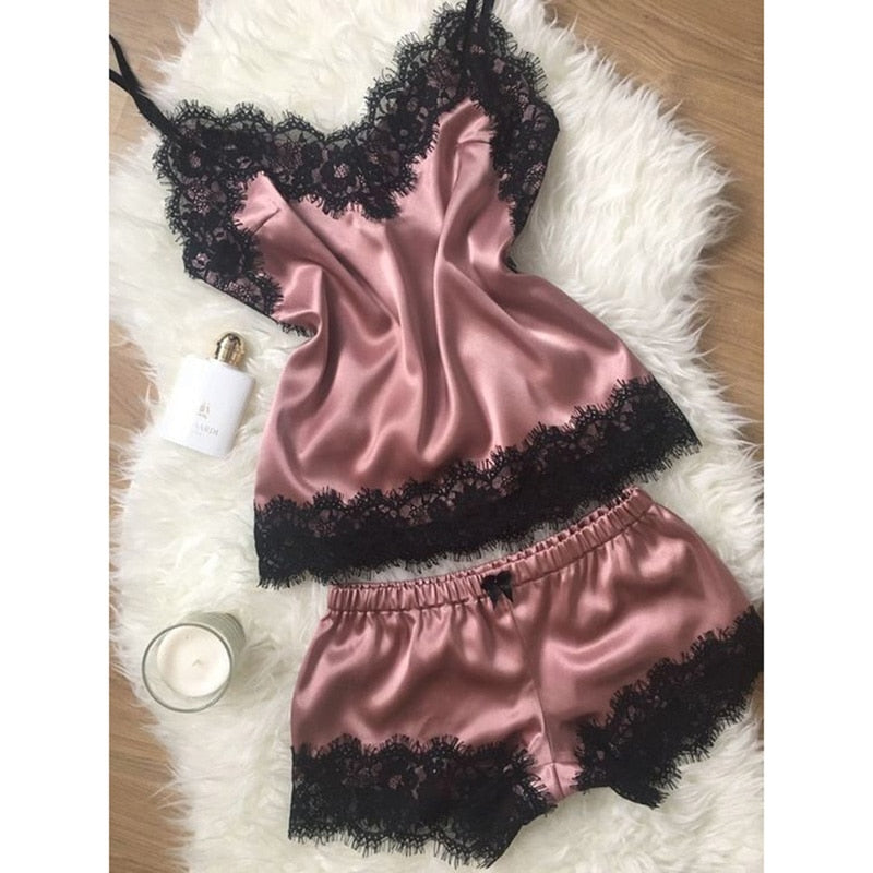 Lace Satin Pajama Sets Women's Sleepwear Sleeveless Tops+Shorts Sets Pyjama Sets For Women Pijama Nightwear