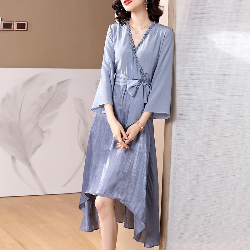 Spring and summer V-neck, sleeved silk silk dress