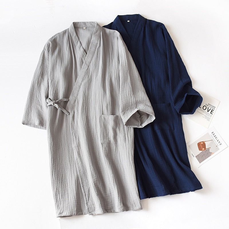 Japanese-style kimono spring and summer new 100% cotton crepe ladies thin nightgown men bathrobe robe home service pajamas