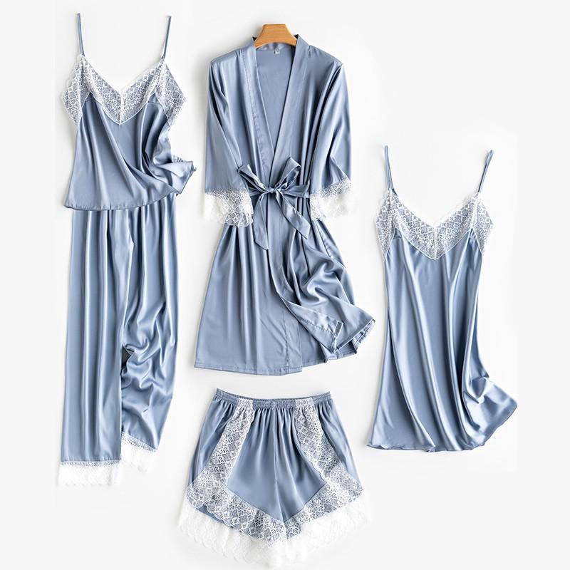 Wedding Robe Suit Women Summer Satin Kimono Bath Gown Sexy Lace Sleepwear Bride Bridesmaid Bathorobe Lingerie Loose Pajamas