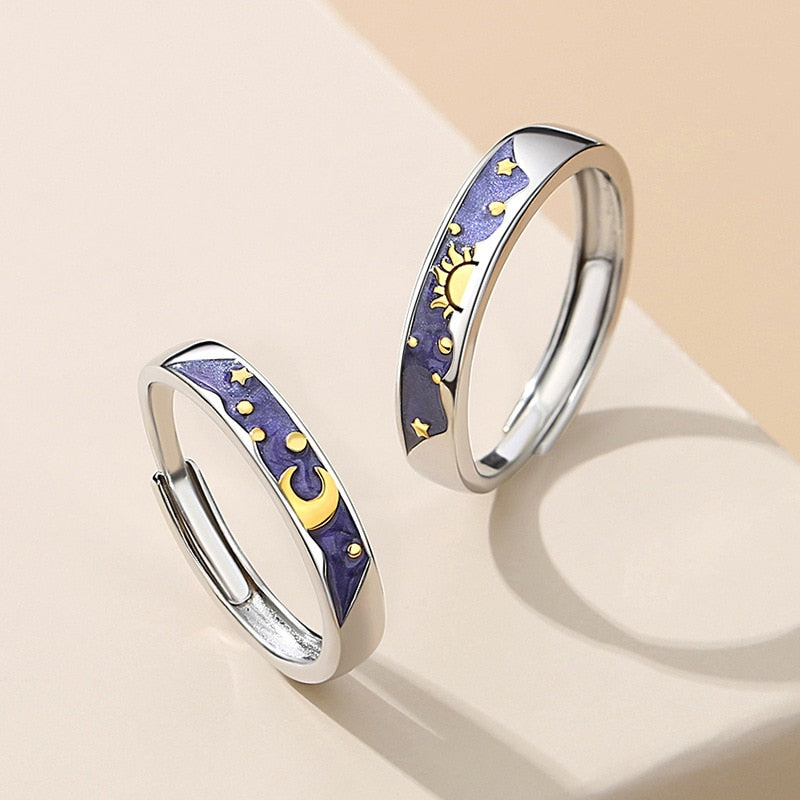 Sterling Silver Enamel Sun Moon Starry Sky Couple Rings For Women Romantic Style Gifts For Lovers Fine Jewelry