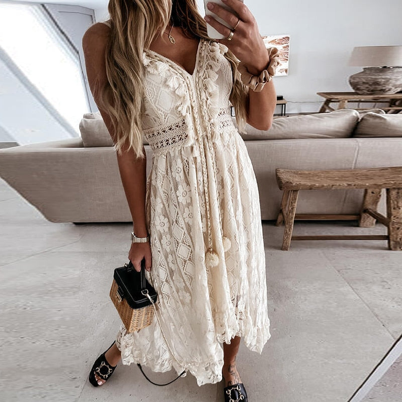 Off Shoulder Lace Patchwork Elegant Dress Women Summer  Neck Spaghetti Strap Dress Female New Fashion Solid Party Dresses