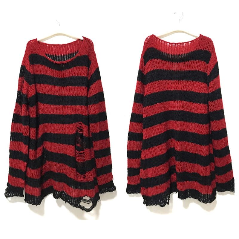 Punk Gothic Long Women Striped Cool Hollow Out Hole Broken Jumper Loose Rock Thin Dark Streetwear Top