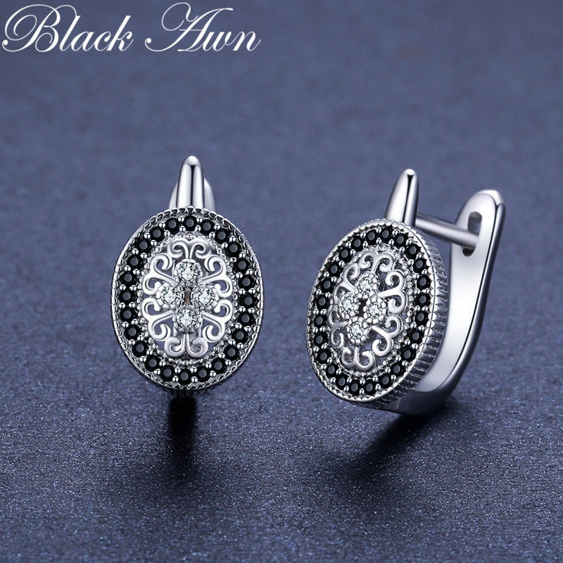 Black Awn Classic Silver Color Oval Black Trendy Spinel Engagement Hoop Earrings for Women Jewelry