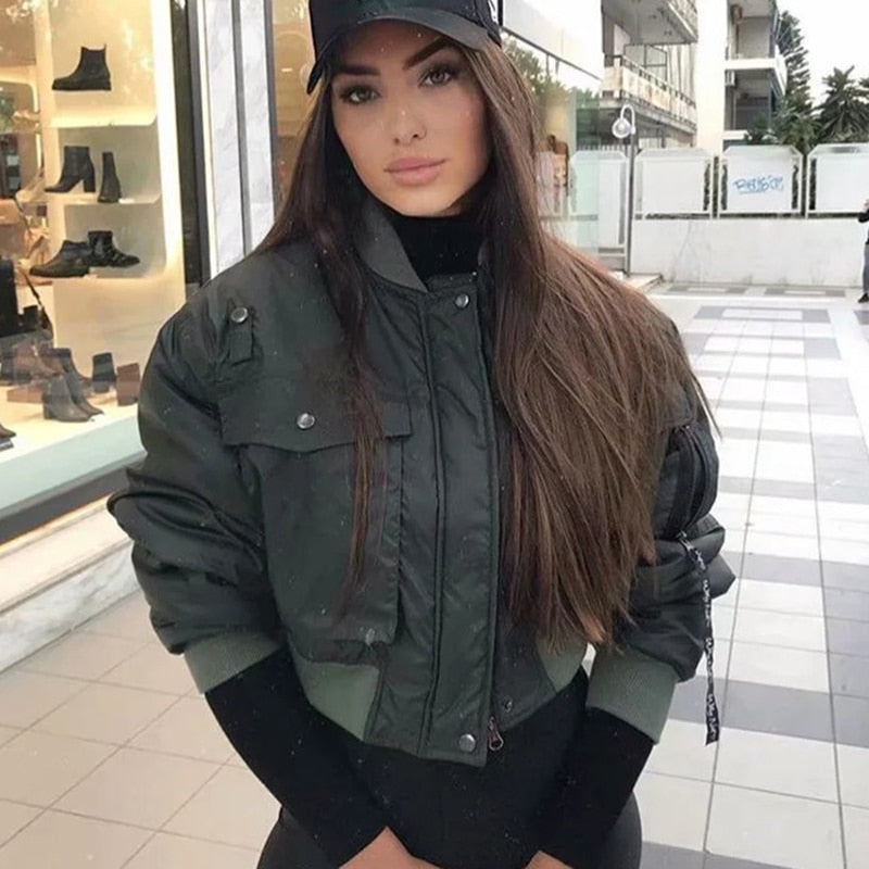 Stylish lady autumn winter merodi  green short jackets women fashion long sleeve zipper bomber jacket outwear women's coat