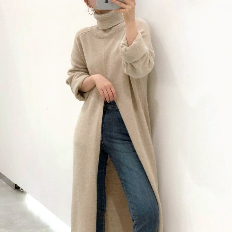 Turtleneck Long fall winter Sweater Dress Side split Female Pullover mujer sueteres