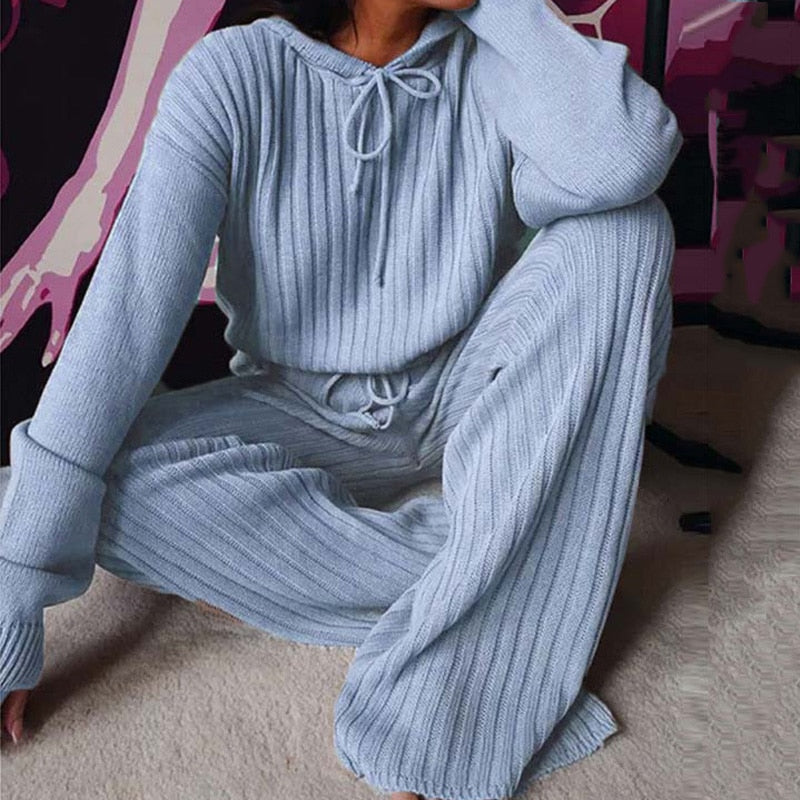 Knitted Pajama Set Women Hooded Pajama Pants Home Suit for Women Long Sleeve Sleepwear Loose Lounge Wear Ladies