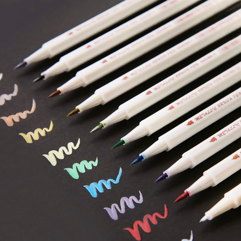 10pcs Metallic Color Brush Marker Pen Set Soft Painting Drawing Hand Lettering Calligraphy School Home DIY Art Supplies A6965