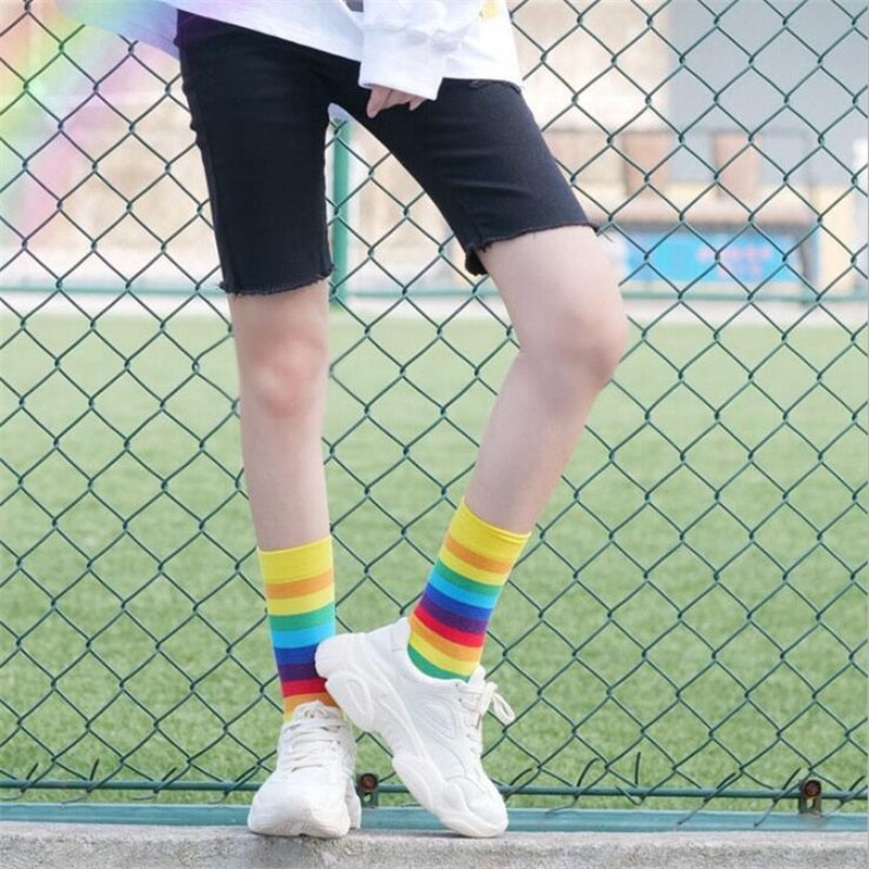 Cotton Elasticity Sweat Women's High Socks Candy Color Rainbow Socks Striped Sporty Meias Casual Streetwear Harajuku Socks