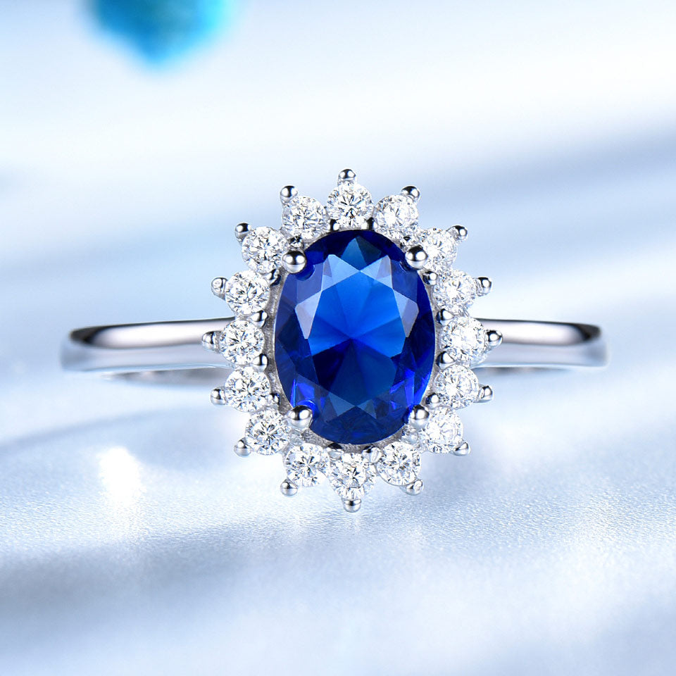 Luxury Blue Sapphire Princess Diana Rings for Women Genuine 925 Sterling Silver Romantic Engagement Ring Wedding Jewelry