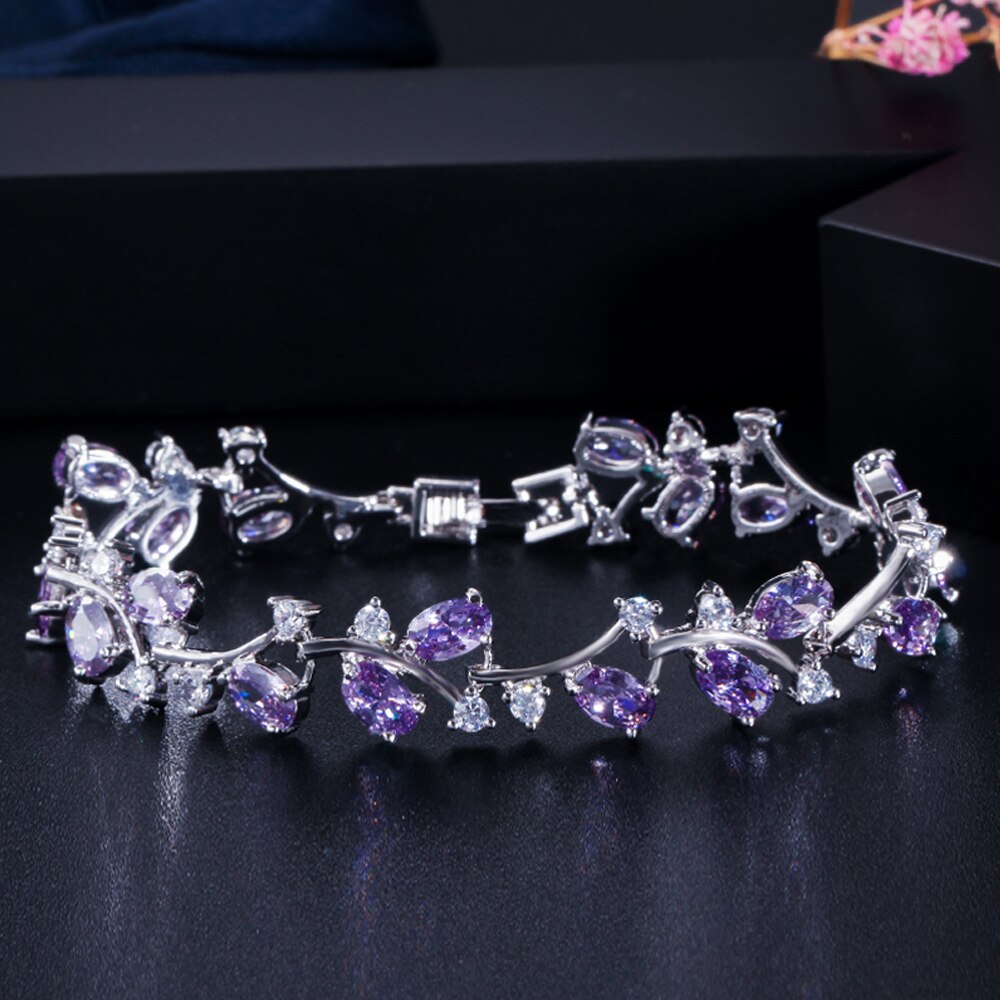 ThreeGraces Romantic Silver Color Leaf and Flower Shape Shiny White Cubic Zirconia Bridal Wedding Bracelets Jewelry