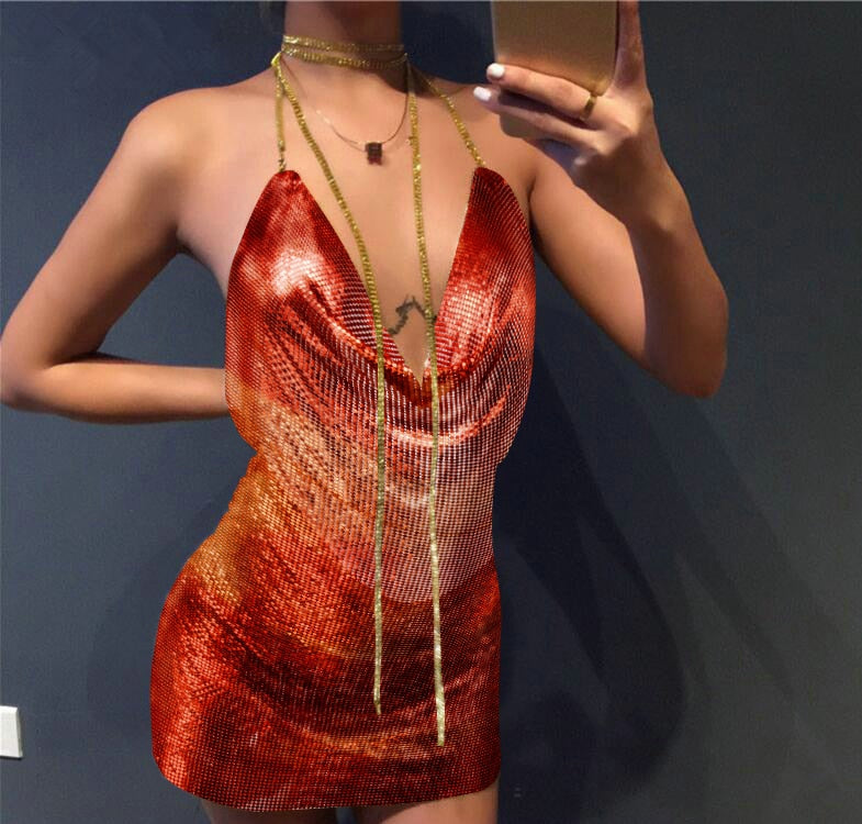 Sexy Backless y2k Metal Party Summer Dress Women Beach Night club Mini slip dress Glitter Sequin ladies Dresses Vestidos