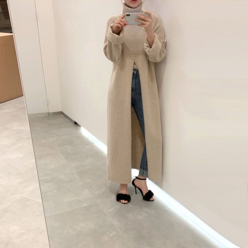 Turtleneck Long fall winter Sweater Dress Side split Female Pullover mujer sueteres