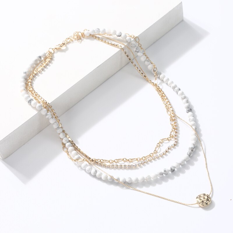 4 Layers Natural Stone Beaded Strand Necklace-Stacked Layering Metal Chain Link Necklaces for Women