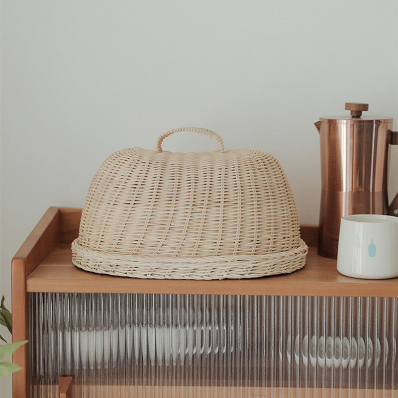 Rattan Basket Bread Basket White Rattan Storage Baskets Fruit Dust Proof Cover Pantry Organizer Kitchen Storage