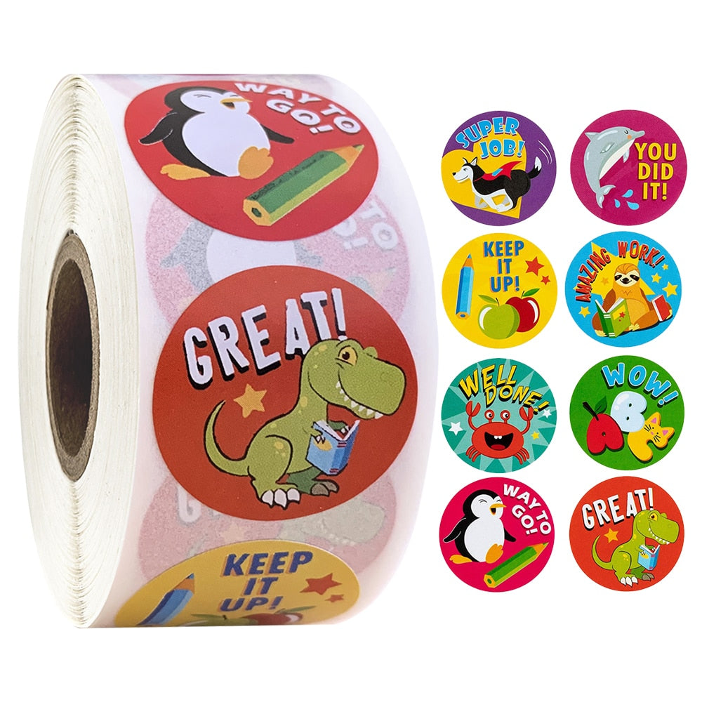 Stickers 500 Pcs/roll Teacher Reward Sticker Fun Motivation Cat Dog Stickerfor School Teacher Student Stationery Stickers Kids