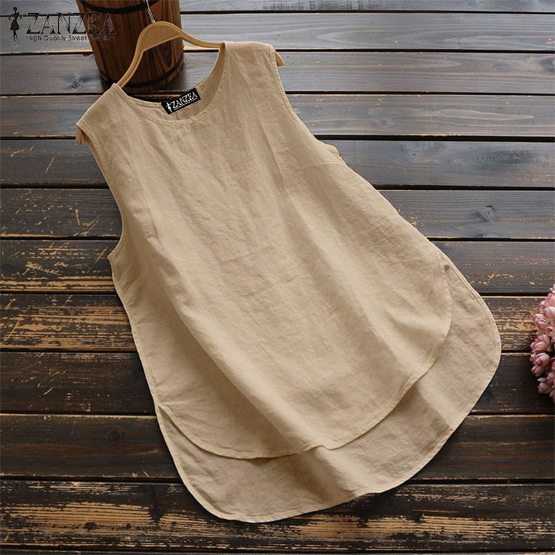 Women's Irregular Blouse ZANZEA Tanks Tops Casual Linen Blusas Female Sleeveless Chemise Summer Tee Shirts