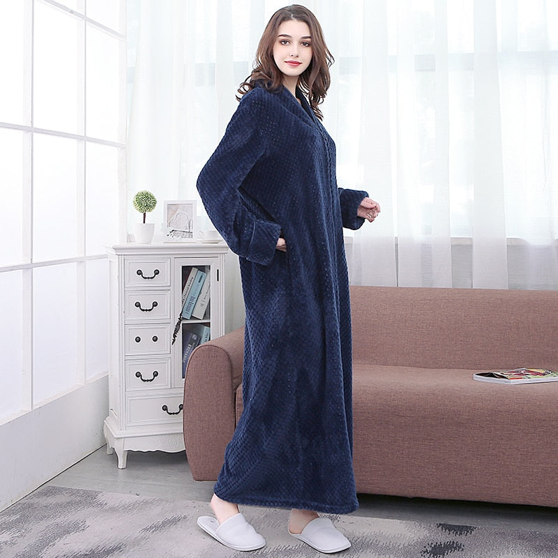 Women Winter Plus Size Long Warm Flannel Hooded Bathrobe - Zipper Bath Robe Pregnant Night Dressing Gown Men Sleepwear