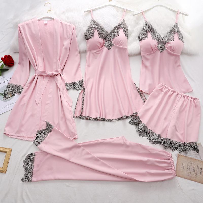 Women Robe Suit Pajamas Nighty&Satin Kimono Bathrobe Gown Nightdress Silky Lace Sleep Set Nightwear Sexy Nightgown