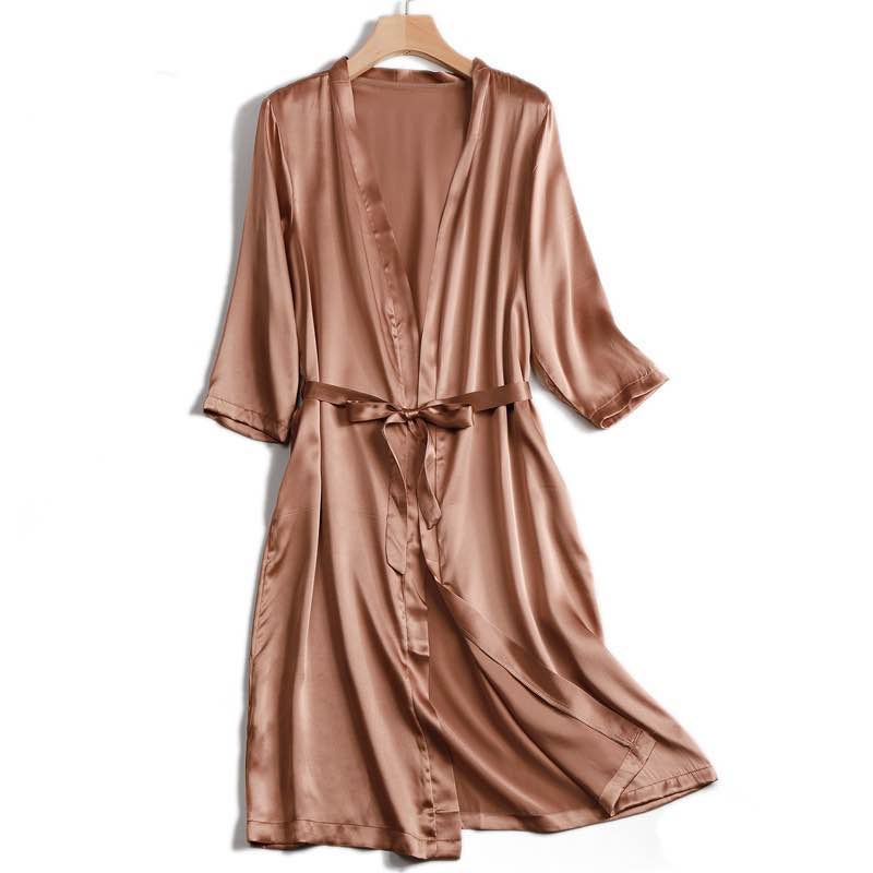 100% Natural silk Women Robes Silk Satin Knee length robe Belted Healthy Sleep wear 2021 Spring Fall Home Wears Kimono