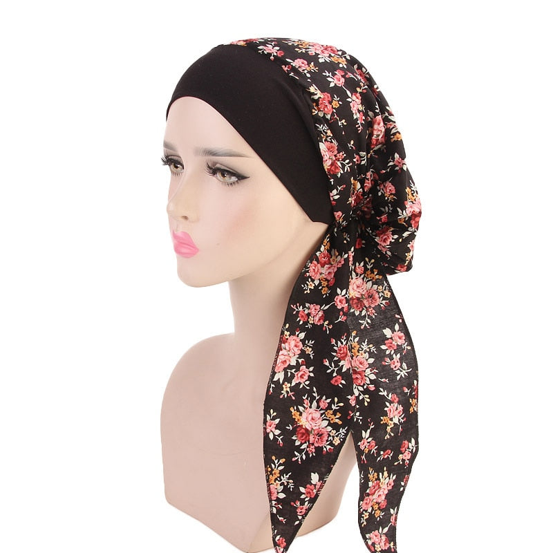 Printed flowers women inner hijabs cap muslim head scarf turban bonnet ready to wear ladies wrap under hijab caps