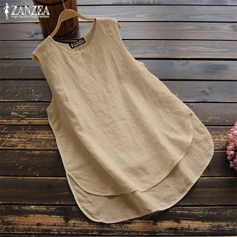 Women's Irregular Blouse ZANZEA Tanks Tops Casual Linen Blusas Female Sleeveless Chemise Summer Tee Shirts