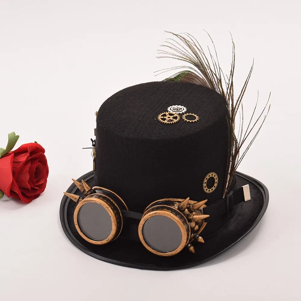 Women Black Steam Punk Hats Unisex Man/Woman Goggles Feather Gear Clock Halloween Party Top Hat