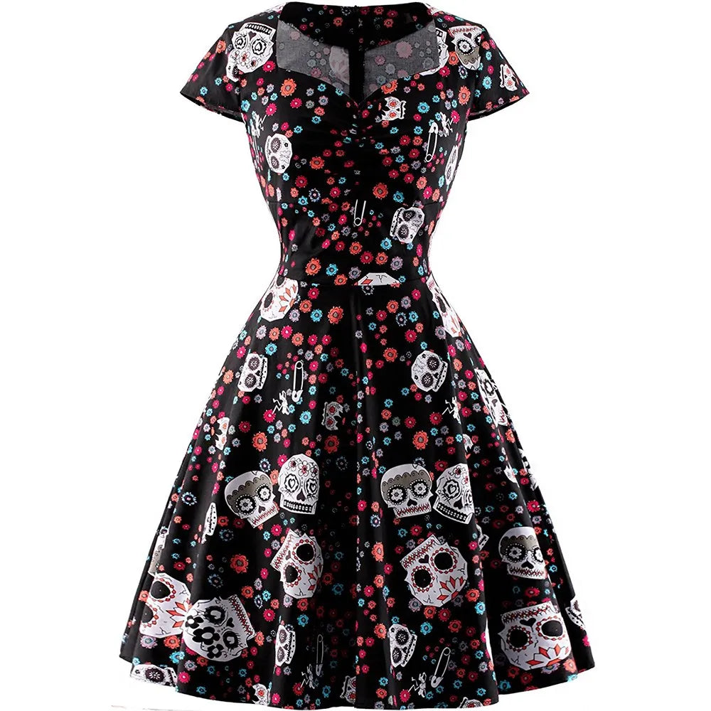 Halloween Skull Print Gothic Dress Women Vintage Square Collar Wrapped Chest Big Size 4XL Swing Rockabilly Pin Up Retro Dresses