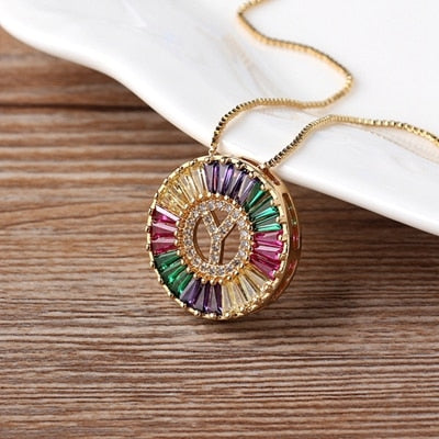 Nidin New Fashionable Rainbow Micro Pave CZ Cubic Zirconia A-Z Initials Letter Pendant Necklaces For Women Family Jewelry Gift