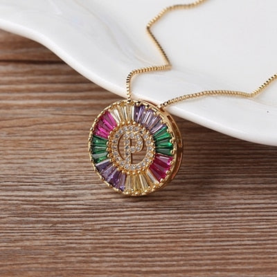 Nidin New Fashionable Rainbow Micro Pave CZ Cubic Zirconia A-Z Initials Letter Pendant Necklaces For Women Family Jewelry Gift