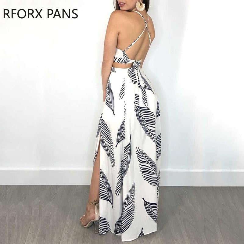 Women Leaf Print Backless Two Pieces Dress Cami Top & Split Maxi Set  Dress