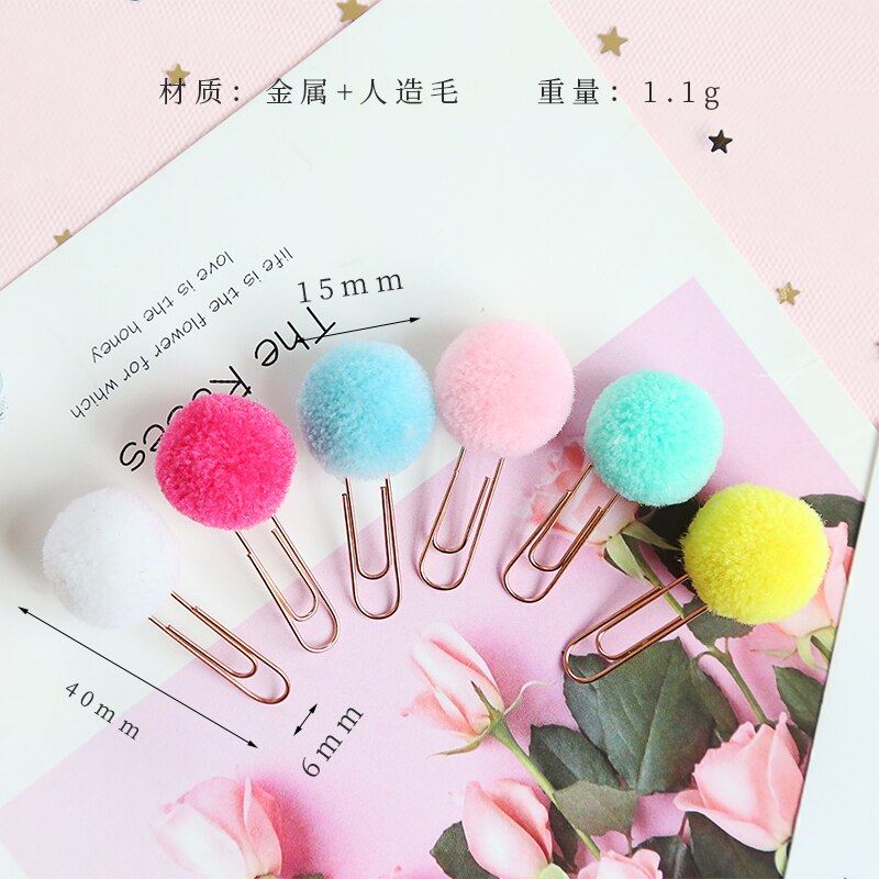 12 pcs Cute pompon ball bookmark Metal clips Color bulb page holder book accessories Stationery office school supplies F108