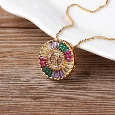 Nidin New Fashionable Rainbow Micro Pave CZ Cubic Zirconia A-Z Initials Letter Pendant Necklaces For Women Family Jewelry Gift