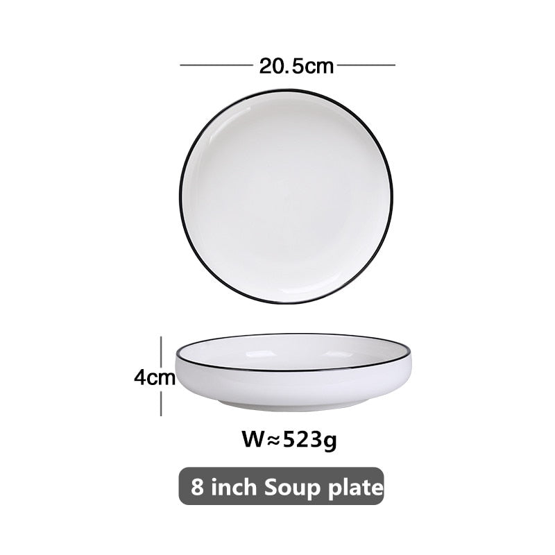 White With Black Edge Dinner Plate Ceramic Kitchen Tray Food Dishes Rice Salad Noodles Bowl Soup Kitchen Cook Tool 1pcs Sale