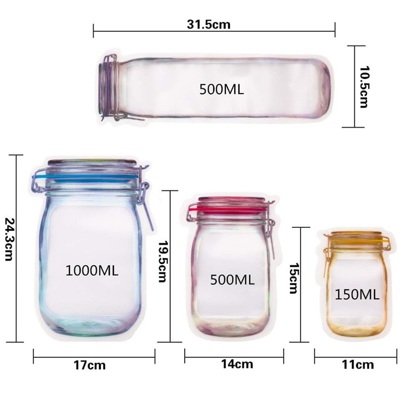 Reusable Mason Jar Bottles Bags Nuts Candy Cookies Bag Seal Fresh Food Storage Bag Snacks Zipper Sealed Kitchen Organizer