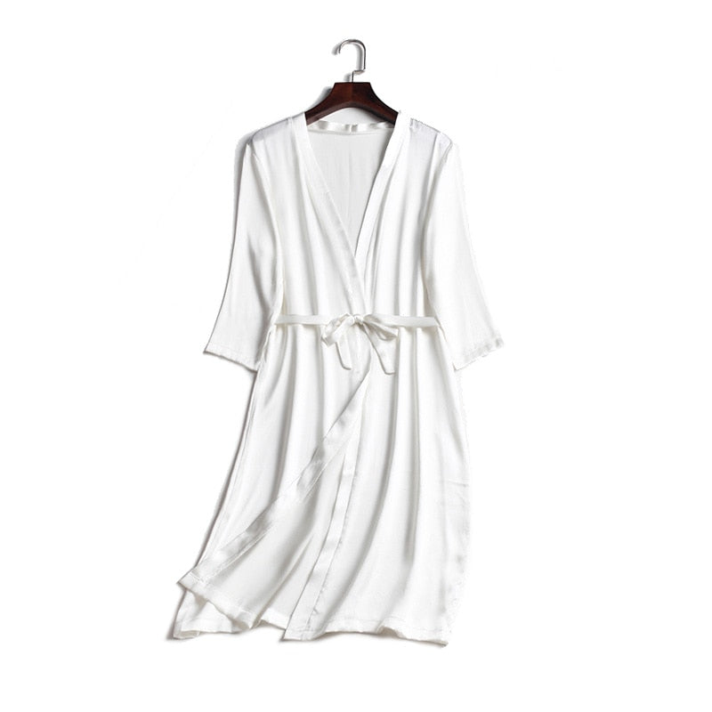 100% Natural silk Women Robes Silk Satin Knee length robe Belted Healthy Sleep wear 2021 Spring Fall Home Wears Kimono