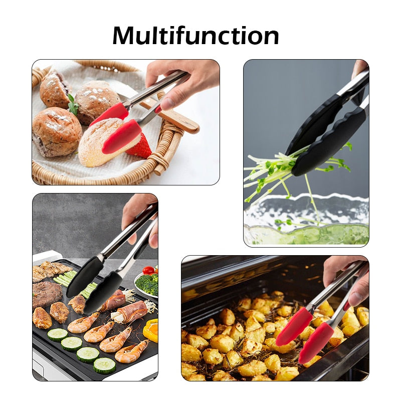 Silicone Food Tong Stainless Steel Kitchen Tongs Silicone Non-slip Cooking Clip Clamp BBQ Salad Tools Kitchen Accessories