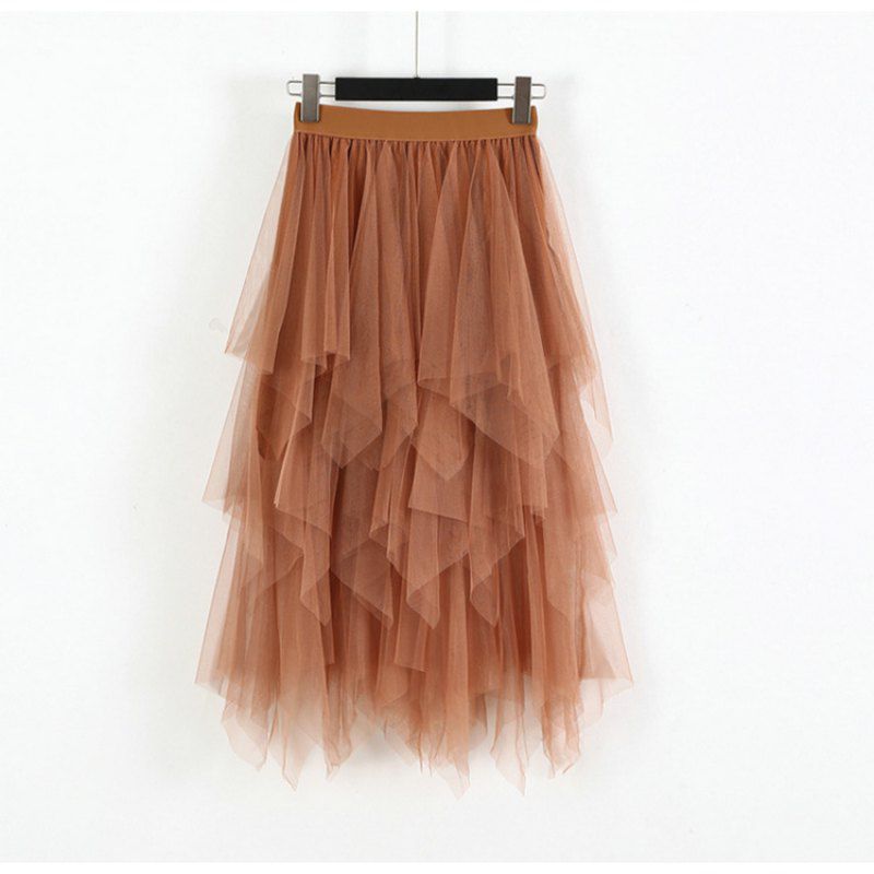 Party Skirt Elastic High Waist Long Tulle Skirt Women Irregular Hem Mesh Tutu Skirt Ladies