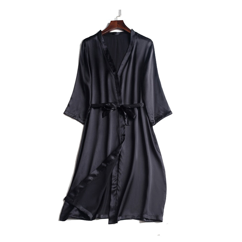 100% Natural silk Women Robes Silk Satin Knee length robe Belted Healthy Sleep wear 2021 Spring Fall Home Wears Kimono