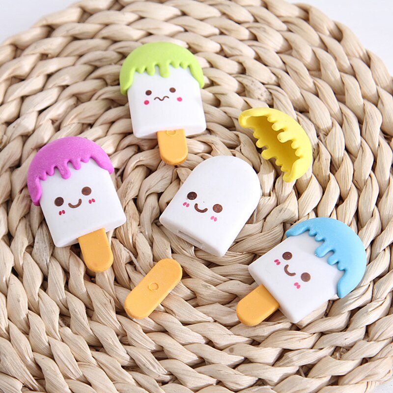 2 Pcs 3d Kawaii Popsicle Food  Eraser Cute Stationery Pencil Eraser School Office Correction Supplies Erasers