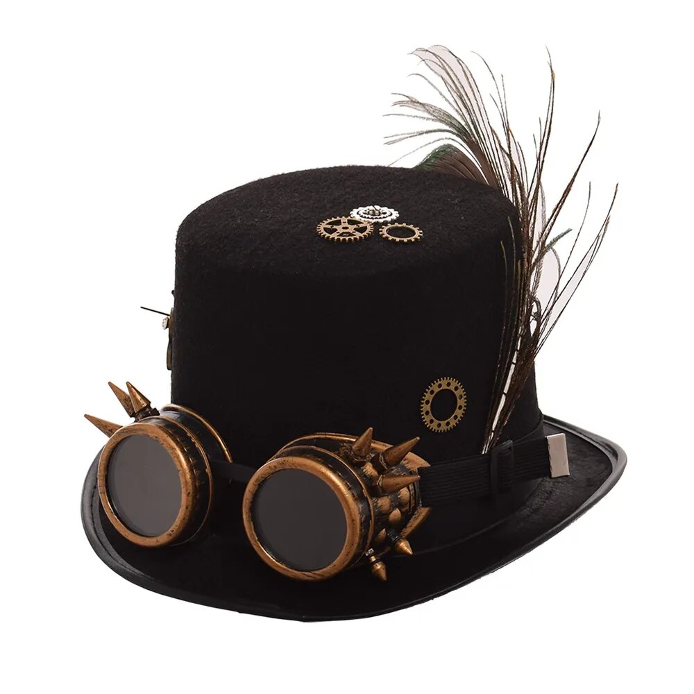 Women Black Steam Punk Hats Unisex Man/Woman Goggles Feather Gear Clock Halloween Party Top Hat