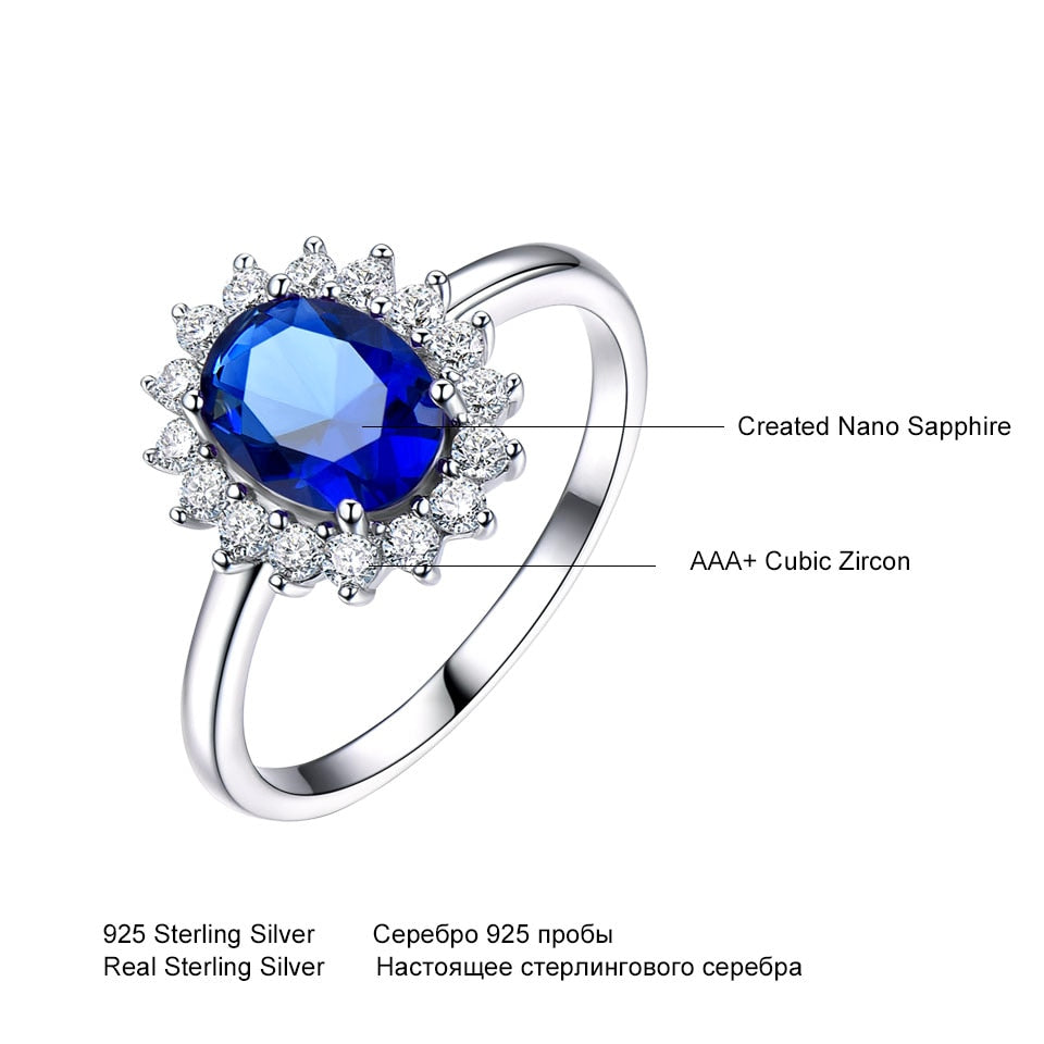 Luxury Blue Sapphire Princess Diana Rings for Women Genuine 925 Sterling Silver Romantic Engagement Ring Wedding Jewelry