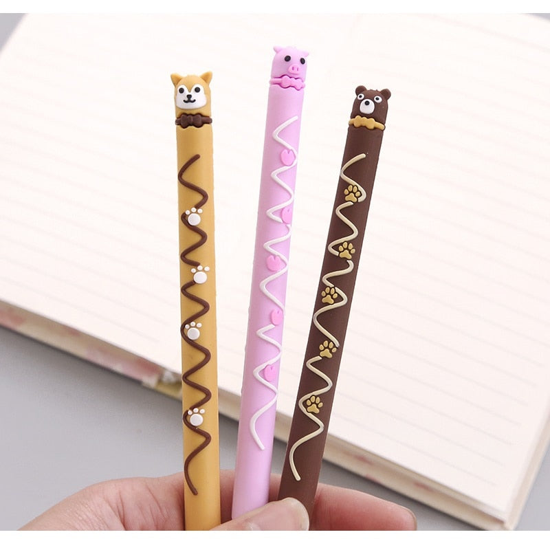 6pcs Cute Animal Bear Dog Cat Chocolate Stick Gel Pen 0.5mm Ballpoint Black Color Pens Stationery Office School Supplies A6757