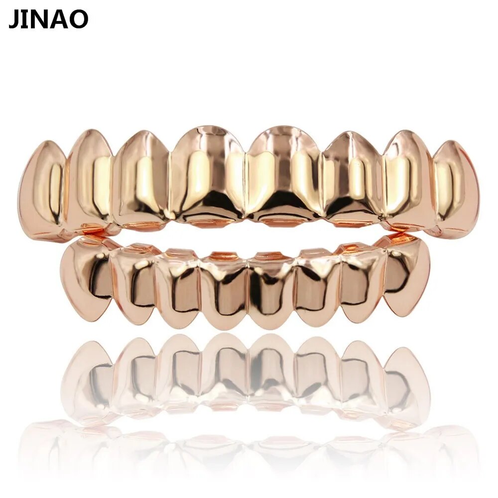 Hip Hop 8/8 Gold Color Grillz Set Top & Bottom Grills Dental Mouth Punk Teeth Caps Cosplay Party Tooth Rapper Halloween Jewelry