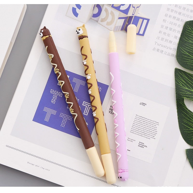 6pcs Cute Animal Bear Dog Cat Chocolate Stick Gel Pen 0.5mm Ballpoint Black Color Pens Stationery Office School Supplies A6757